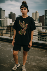 Hummingbird Black Oversized Embroidery T-shirt