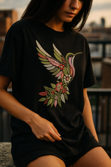 Hummingbird Black Oversized Embroidery T-shirt