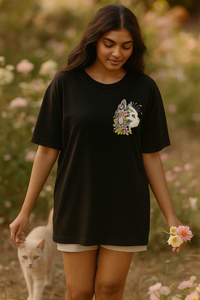 Floral Cat Black Oversized Embroidery T-shirt