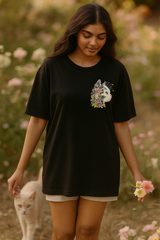 Floral Cat Black Oversized Embroidery T-shirt