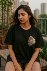 Floral Cat Black Oversized Embroidery T-shirt