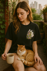 Floral Cat Black Oversized Embroidery T-shirt
