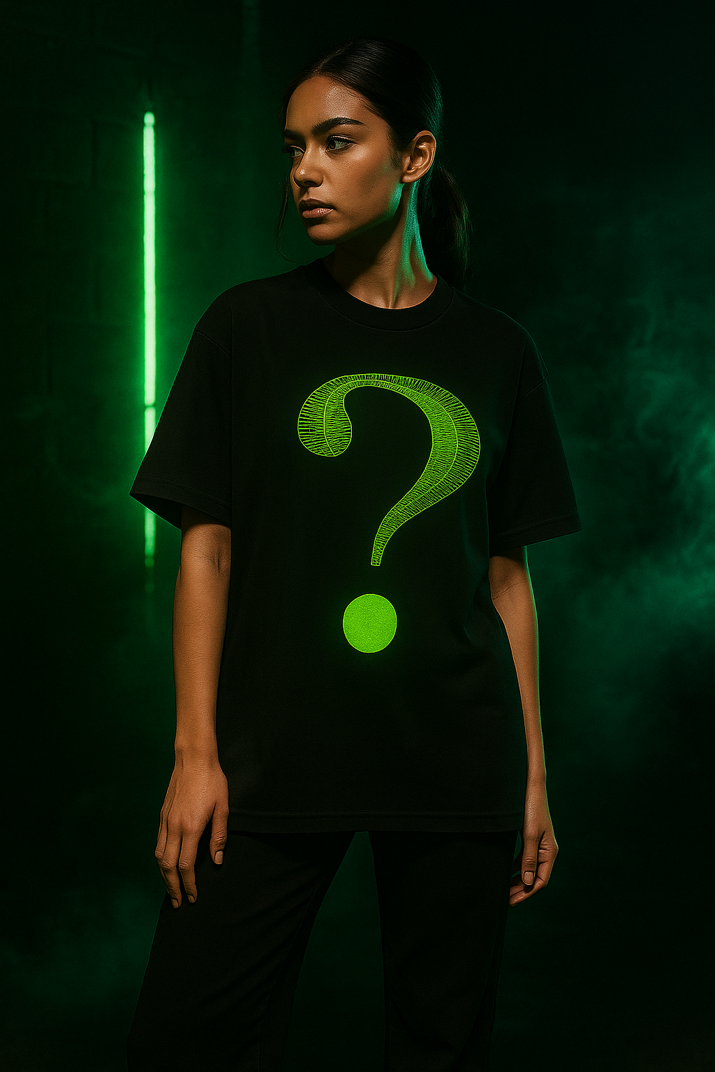 Question Mark Glow In The Dark Black Oversized Embroidery T-shirt