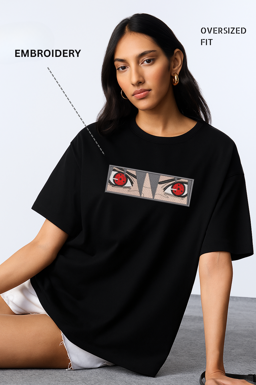 Saske Black Oversized Embroidery T-shirt