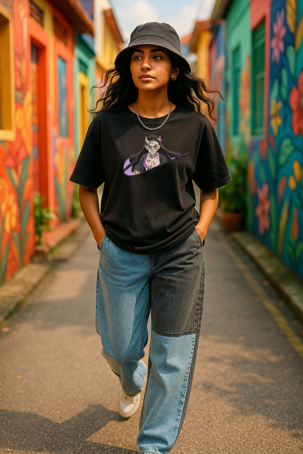 Nezuko Black Oversized Embroidery T-shirt